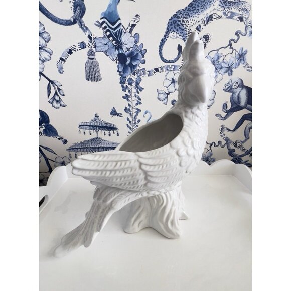 White COCKATOO Planter Vase 11.5"L x 5.5"W x 14"H Gloss Glazed Ceramic Pottery - Picture 3 of 14